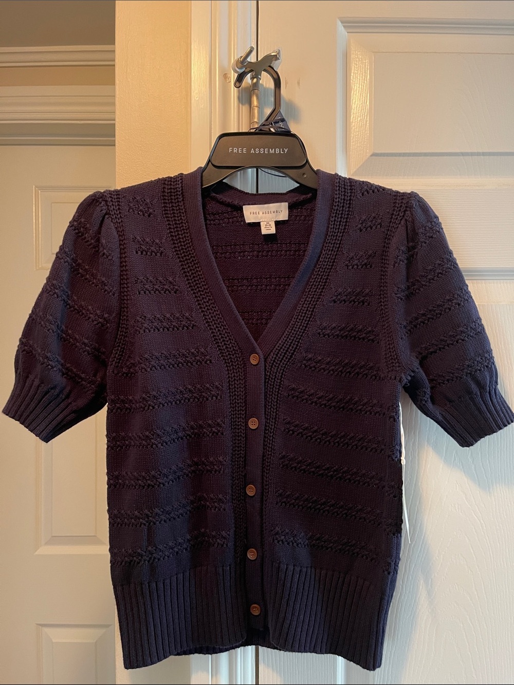Free Assembly Navy Short-Sleeve V-Neck Button Cardigan